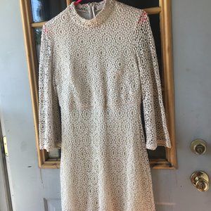 Mock Neck Lace Knee Length Cream Dress